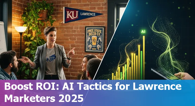 Marketing professional using AI tools with University of Kansas in Lawrence, Kansas skyline in 2025