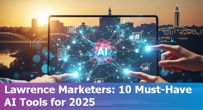 Collage of AI marketing tools logos with Lawrence, Kansas skyline in the background