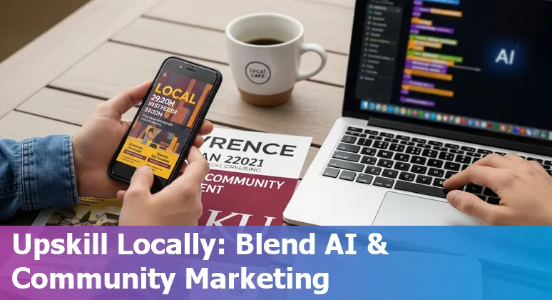 Local marketer using AI tools with Lawrence, Kansas, US downtown in background