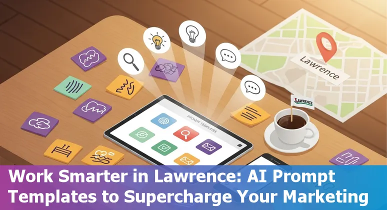 Marketing professional in Lawrence, Kansas using AI prompts on a laptop with local landmarks in background