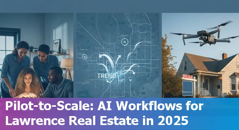 Lawrence, Kansas skyline with AI icons overlay showing real estate tech in Lawrence, Kansas