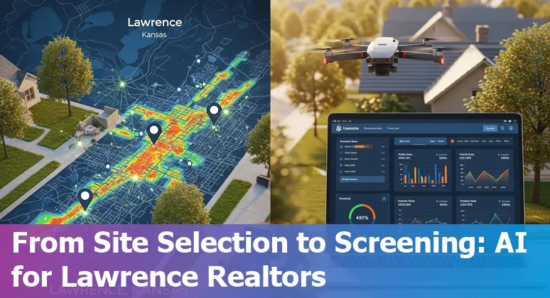 Agent using AI on a laptop to analyze Lawrence, Kansas property data near KU campus and Mass Street.