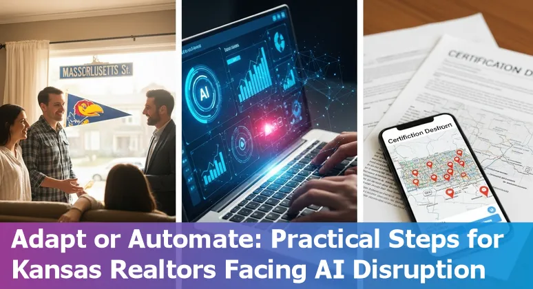 Lawrence, Kansas neighborhood with a 'For Sale' sign and AI tech overlay