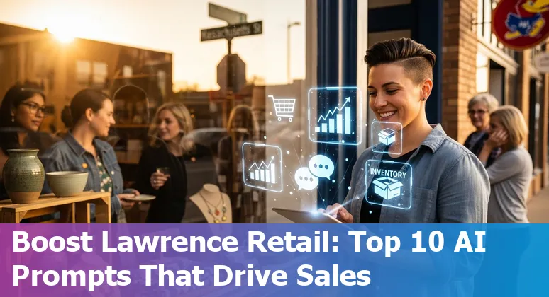 Lawrence, Kansas storefronts with AI icons representing personalization, inventory, and chatbot tools.