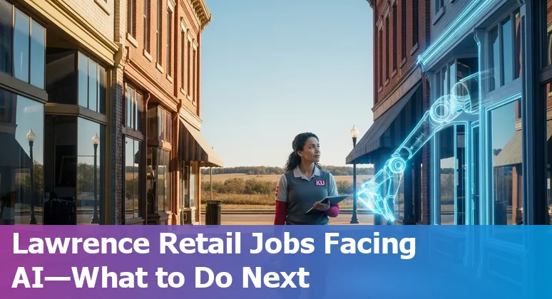 Lawrence, Kansas retail worker next to self-checkout kiosk and a community college classroom.