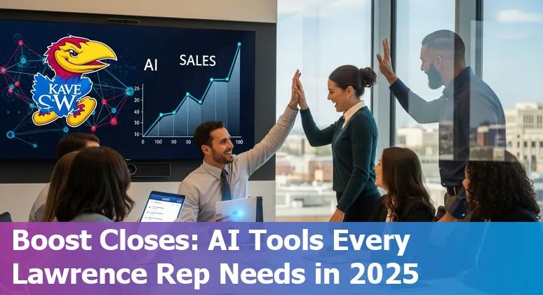 Sales rep using AI tools on laptop with Lawrence, Kansas skyline subtly in background