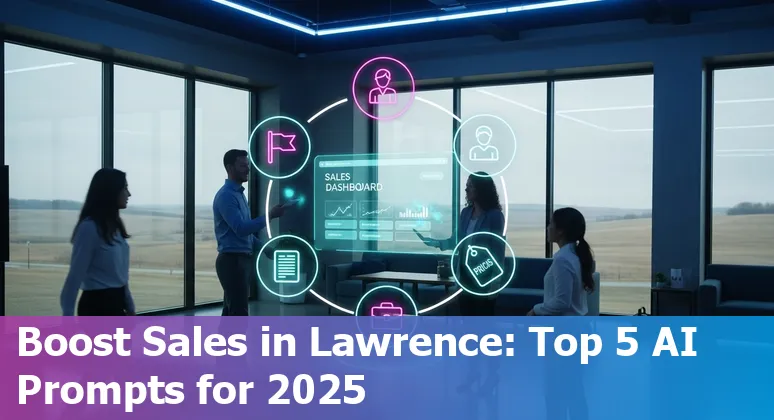 Sales professional in Lawrence using AI prompts on a laptop with Lawrence skyline.