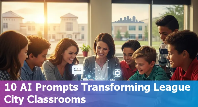 Teacher using AI tools with students in a League City classroom, icons for Studient, Querium, MagicSchool.ai, Duolingo, and Nori.