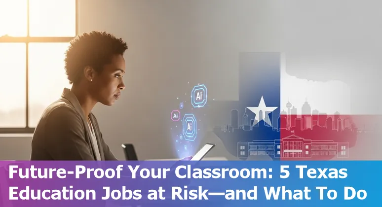 Teacher using AI tools in a League City classroom, with city skyline silhouette in background.