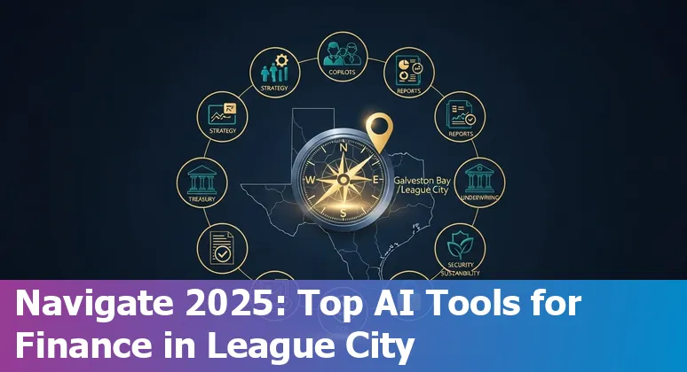 Finance professional in League City using AI tools on a laptop with local Texas bank imagery in background.
