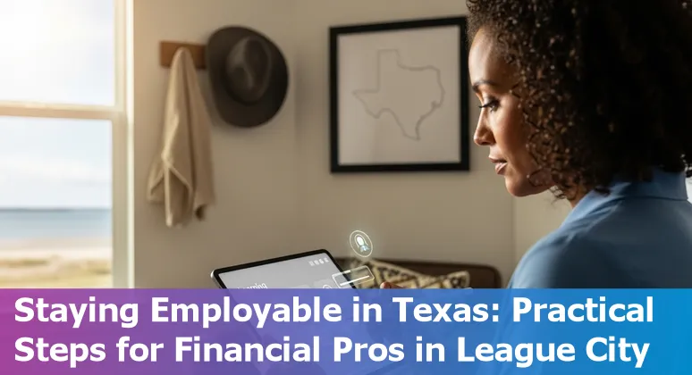 League City bank teller speaking with a client while an AI assistant summarizes transactions on a laptop.