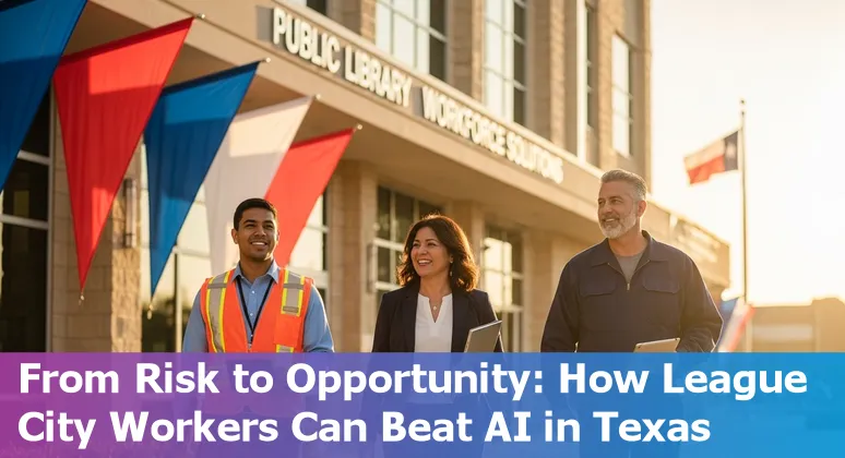 League City municipal workers learning digital skills with AI icons and a Texas flag.