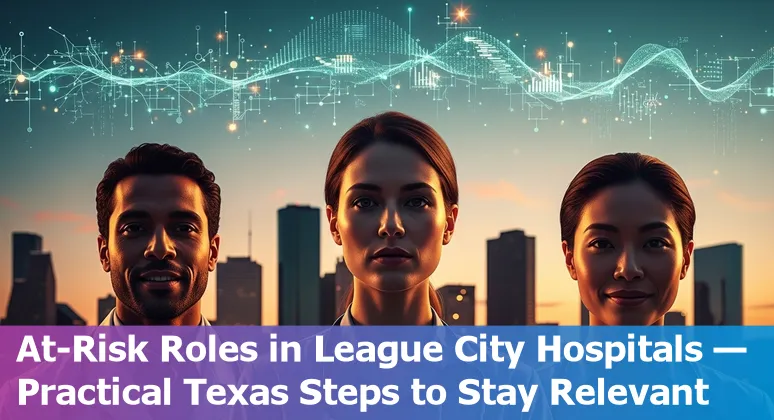 Healthcare worker using a tablet with AI icons overlay, representing AI impact on League City healthcare jobs.