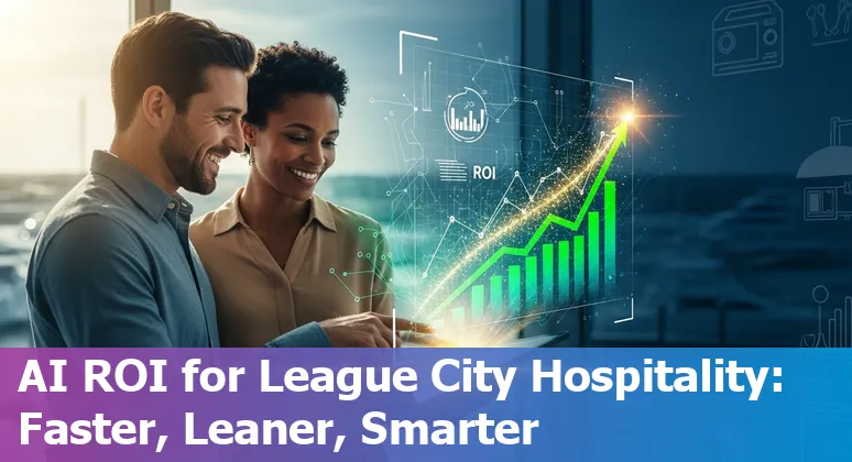 Hotel front desk with AI chatbot kiosk and smart energy displays in League City, Texas, US