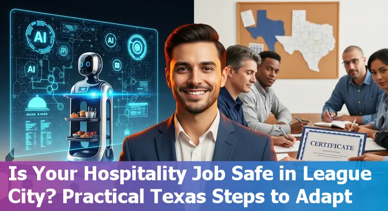 Hotel front desk with AI chatbot on screen and staff member helping a guest in League City, Texas