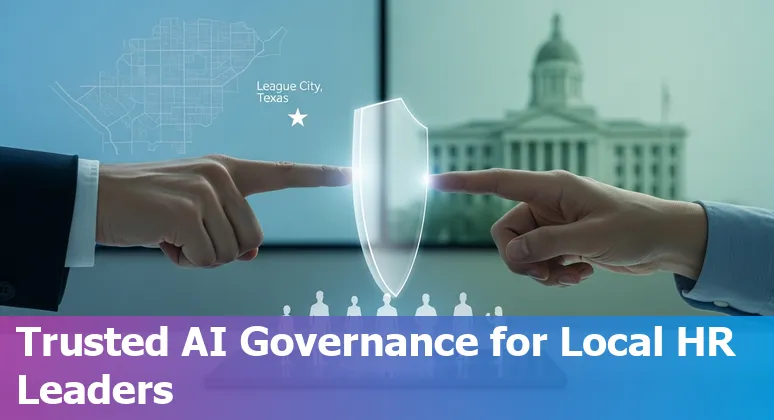 HR professional using AI tools in League City, Texas office, 2025.