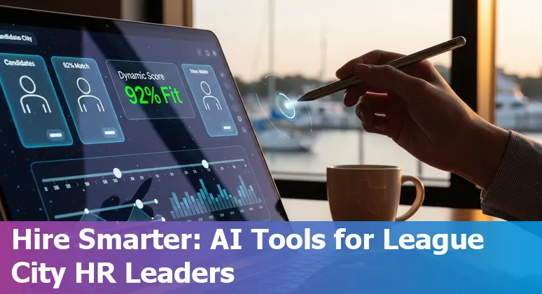 HR professional reviewing AI HR tools dashboard icons for Paradox, Eightfold, SeekOut, Leapsome, Lattice, ChartHop in an office setting in League City.