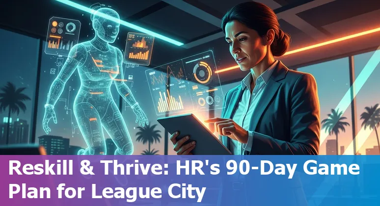 HR professional using AI tools in League City, Texas office — laptop with AI dashboard and local skyline visible