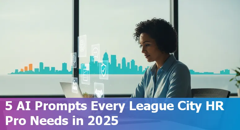 HR professional using AI prompts on a laptop with League City skyline in the background.