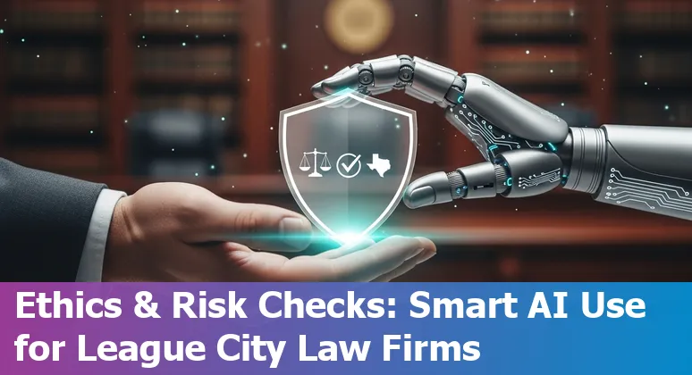 League City, Texas lawyer using AI tools on a laptop with Galveston County courthouse context