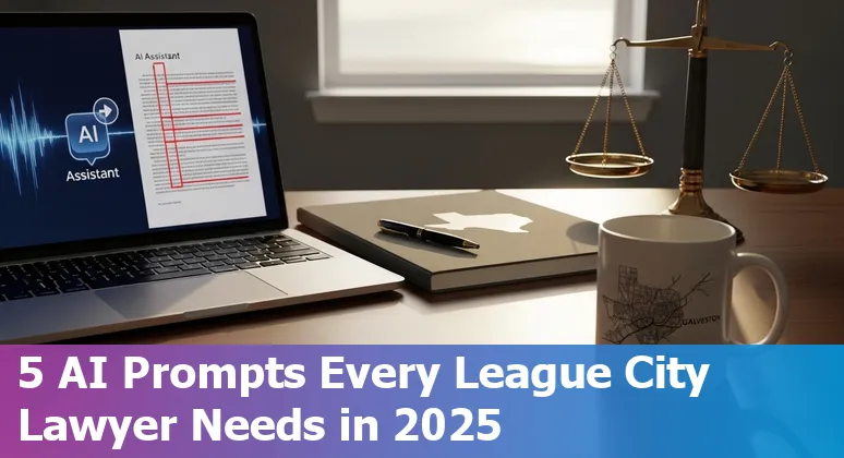 Lawyer using AI on laptop with Texas map overlay and legal documents — League City 2025