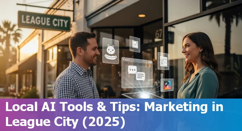 Marketing professional using AI tools for campaigns in League City, Texas, US skyline, 2025