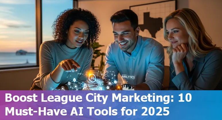 Laptop showing AI marketing tools dashboard with Texas map and League City landmarks in the background