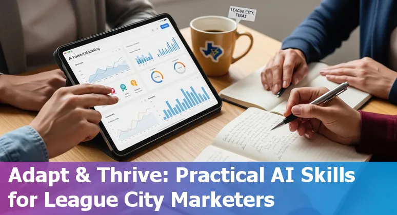 League City, Texas marketer using AI tools on a laptop with local business storefronts in background