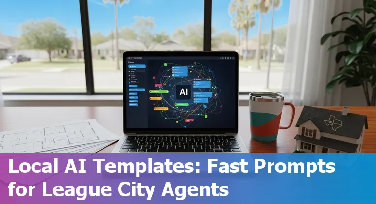 Real estate agent using AI prompts on a laptop with a League City waterfront home photo in the background
