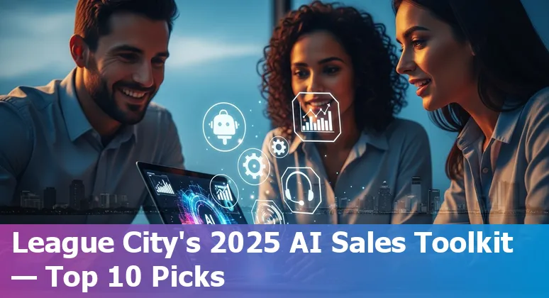 Collage of AI sales tools logos (Gong, ChatGPT, Clari, Lavender, Outreach, Salesloft, Seamless.ai, 6sense, Fireflies.ai, Salesforce Einstein) with League City skyline.