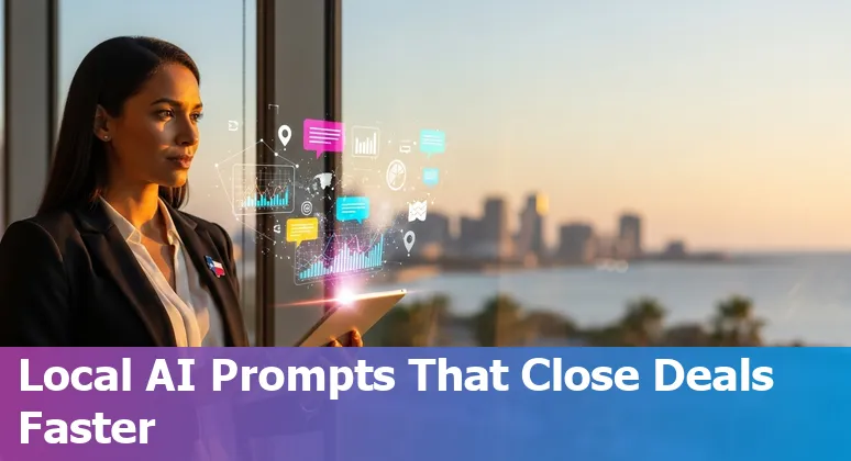 Sales professional in League City using AI tools (Apollo, HubSpot AI, Gong, Clari, Drift) on a laptop with League City skyline.