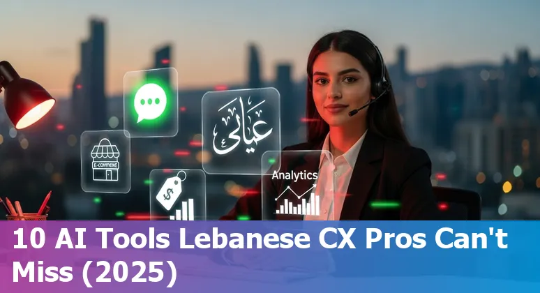 Customer service agent using AI chat tools with WhatsApp and Arabic text overlays, Lebanon skyline in background