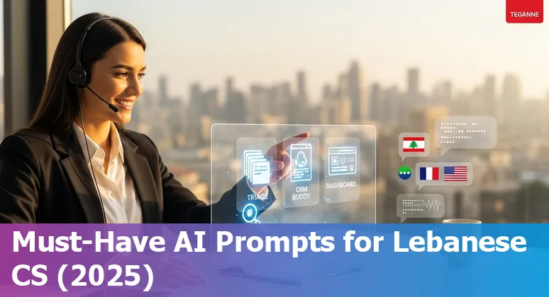 Lebanese customer service agents using AI prompts on laptops showing multilingual updates and CRM dashboards.