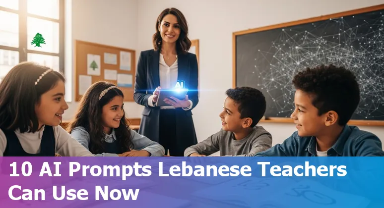 Teacher and students using AI tools on laptops in a Lebanese classroom with Beirut skyline