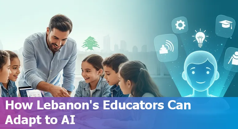 Lebanese teacher using AI tools with students in a classroom, laptops and Lebanese flag visible in background