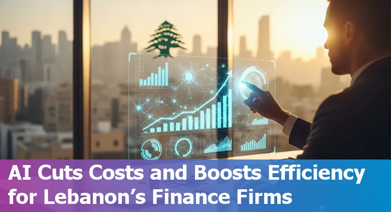 Illustration of AI improving banking efficiency in Lebanon, showing chatbots, documents and analytics