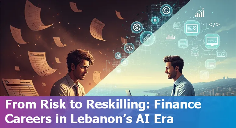 Lebanese banking professionals and digital banking icons representing AI-driven change