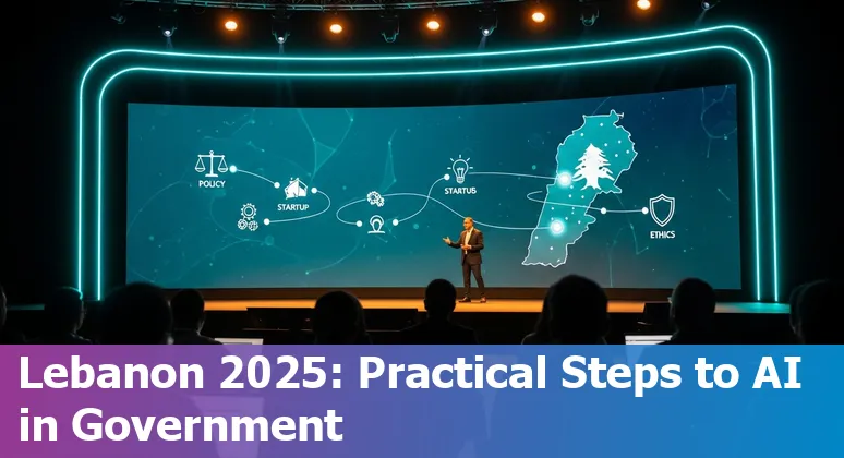 Illustration of AI in Lebanon government 2025 showing Beirut skyline, government buildings, and AI icons representing Lebanon