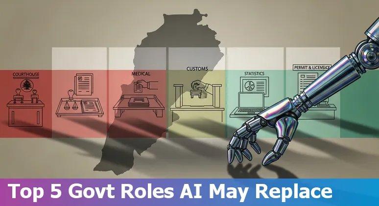 Lebanese government office worker at a computer with AI icons overlay representing automation and reskilling