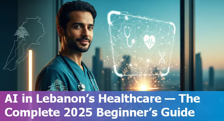 Illustration of AI in healthcare with Beirut skyline and Lebanese flag, representing AI in Lebanon