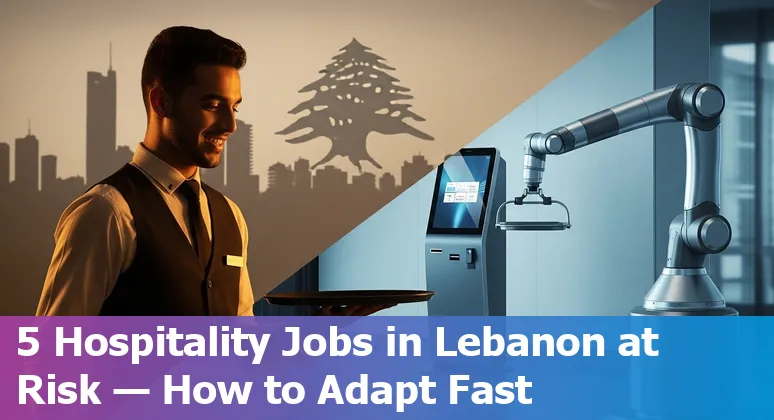 Lebanese hotel receptionist, robotic cleaning device, and training icons showing upskilling paths.