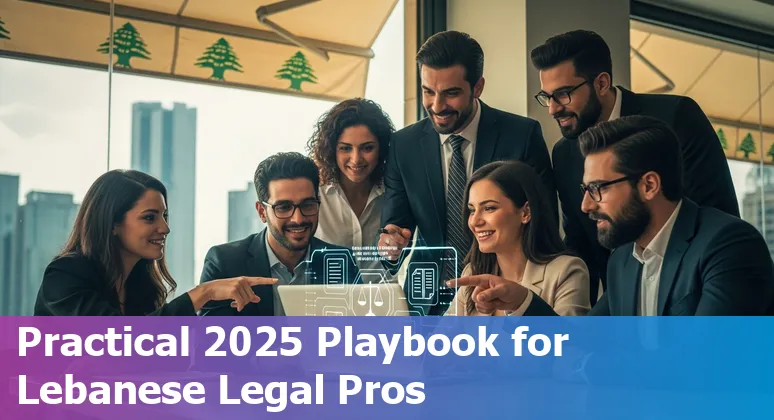 Illustration of AI tools and Lebanese lawyers collaborating in Beirut, Lebanon