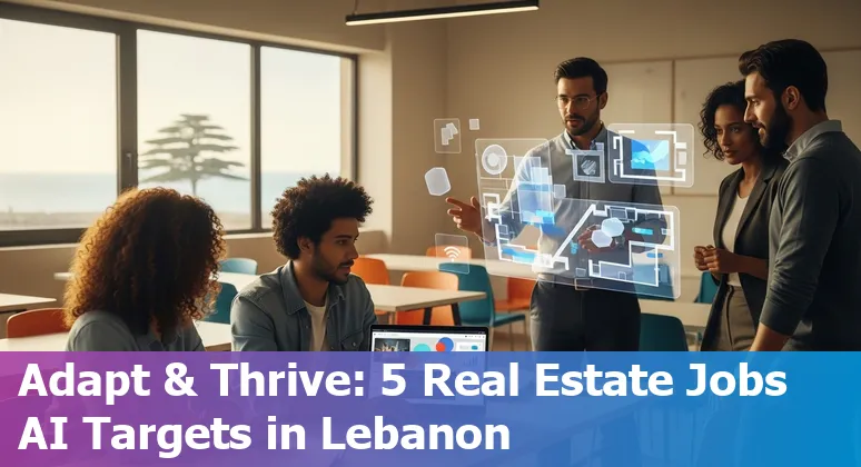 Lebanese real estate professional using a laptop with AI icons and the Beirut skyline in the background