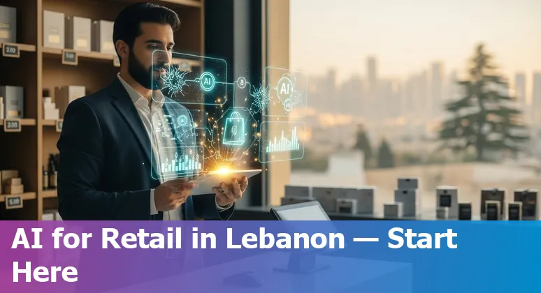 Retail AI concept in Lebanon 2025 — shopfront with AI icons over a Lebanese map