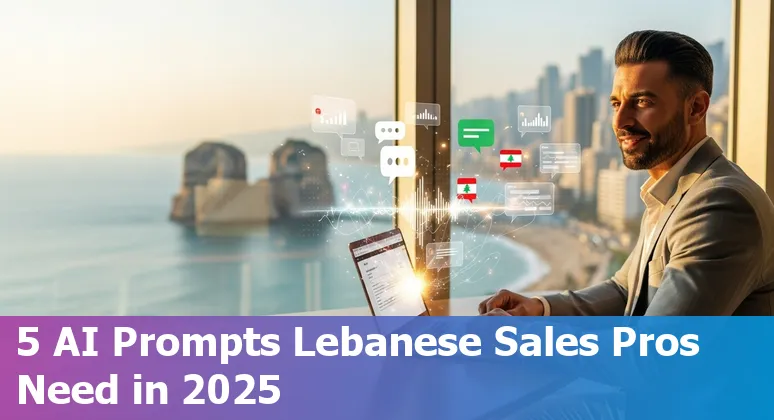 Lebanese sales professional using AI prompts on a laptop with Beirut skyline in the background.