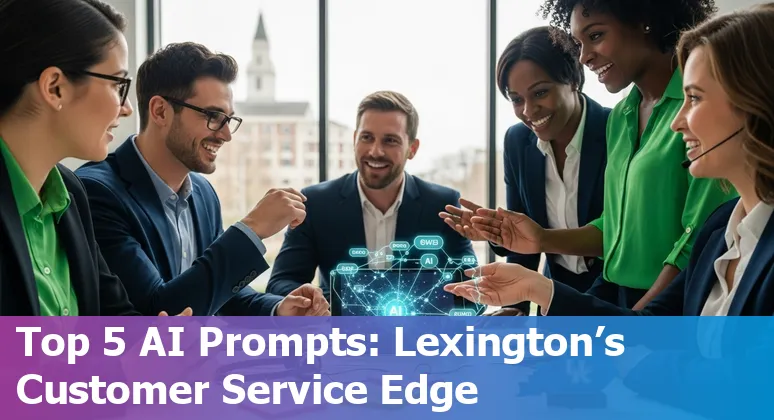 Customer service agent using AI prompts on laptop with Lexington skyline and DevelopLex meetup logos in the background