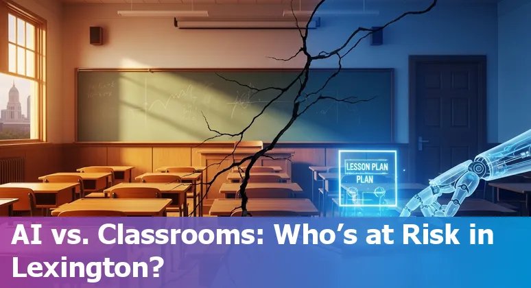 Lexington-Fayette educators discussing AI adaptation next to a KEDC AI rolling lab RV.