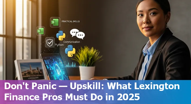 Finance professional using AI tools on a laptop in Lexington Fayette, Kentucky skyline background, 2025.