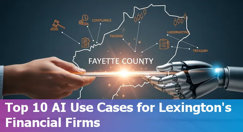 Lexington–Fayette financial services team using AI tools on a laptop with city skyline in background.