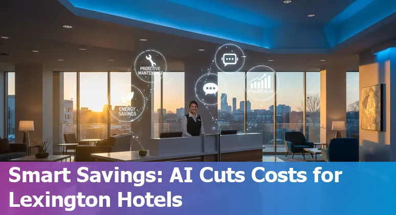 Hotel lobby kiosk and AI analytics dashboard showing savings for Lexington-Fayette, Kentucky hospitality operators